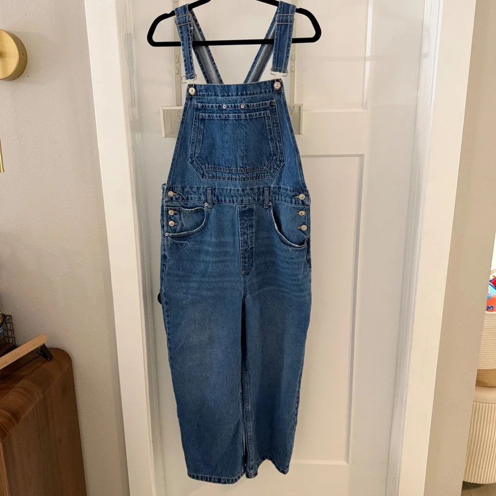 Denim Overalls Women Medium Wash Straight Leg Bib Dungarees Blue
